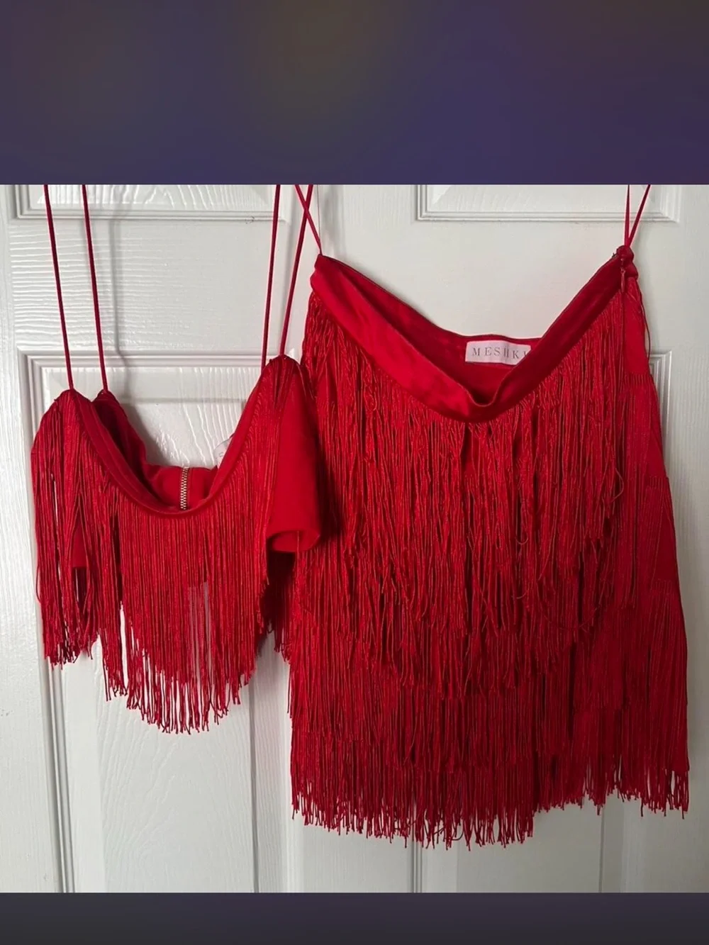Meshki Red Tiered Fringe Mini Skirt